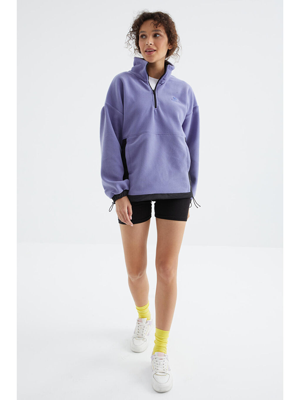 Mor Açık Eflatun Yarım Fermuar Etek Ucu Büzgülü Dik Yaka  Oversize Kadın Polar Sweatshirt - 97236-4