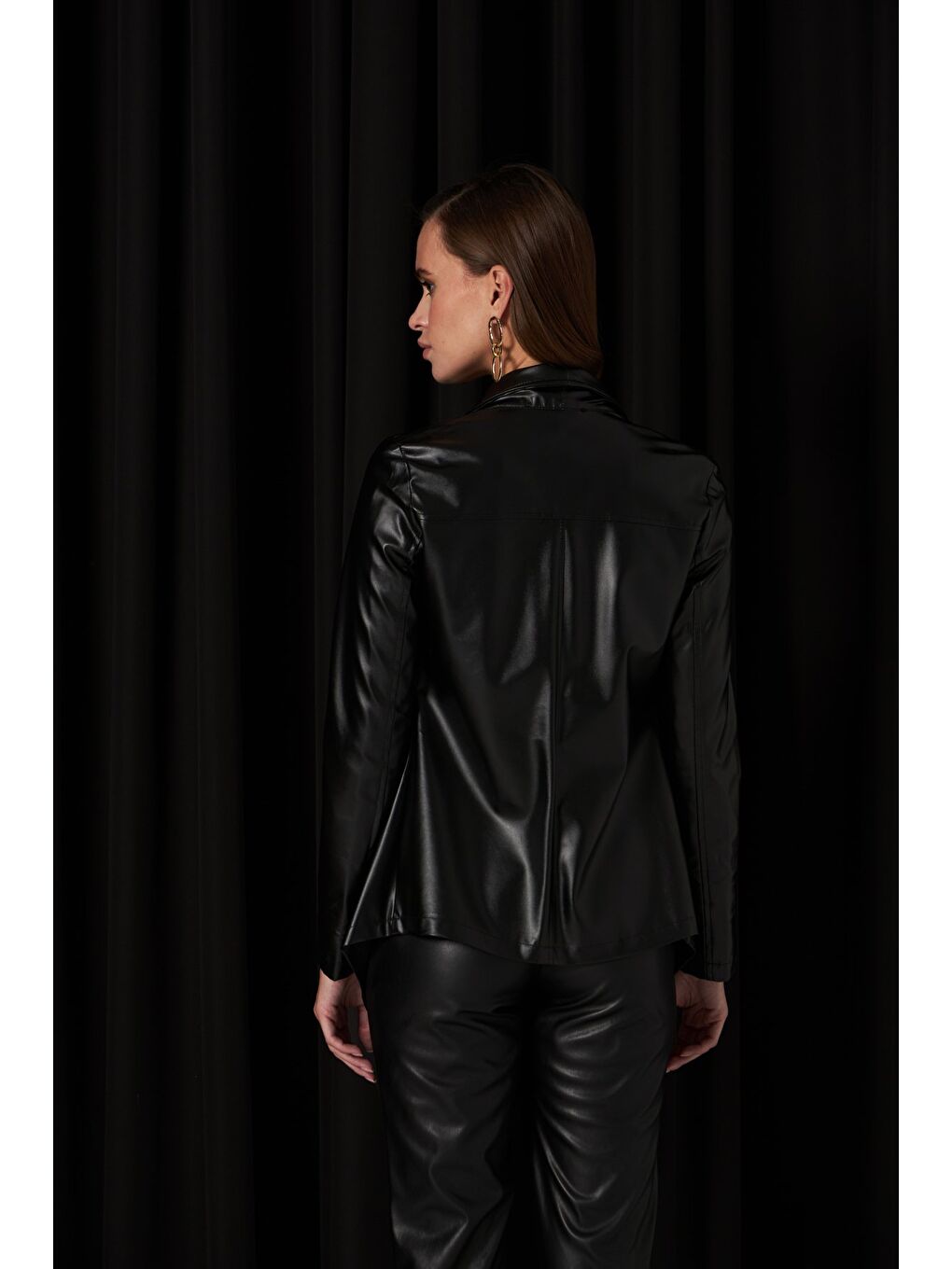 Geniş Yaka Deri Ceket - Siyah-3