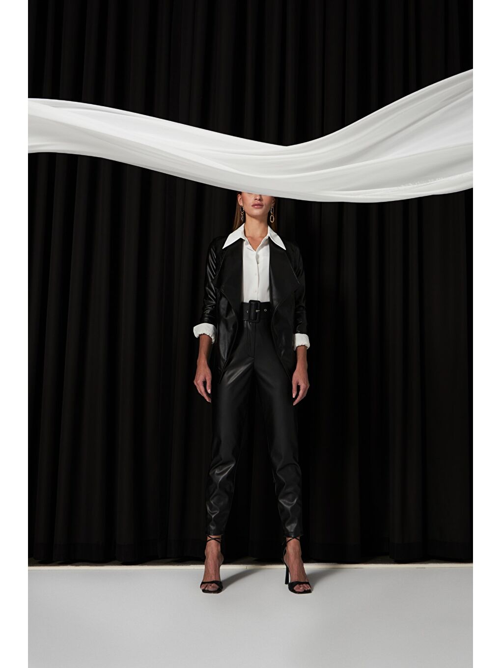 Geniş Yaka Deri Ceket - Siyah-5