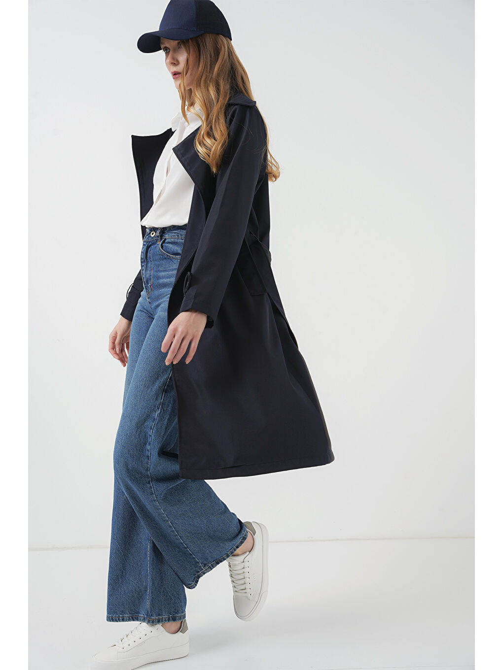 5918 Kruvaze Yaka Trençkot - Lacivert-2