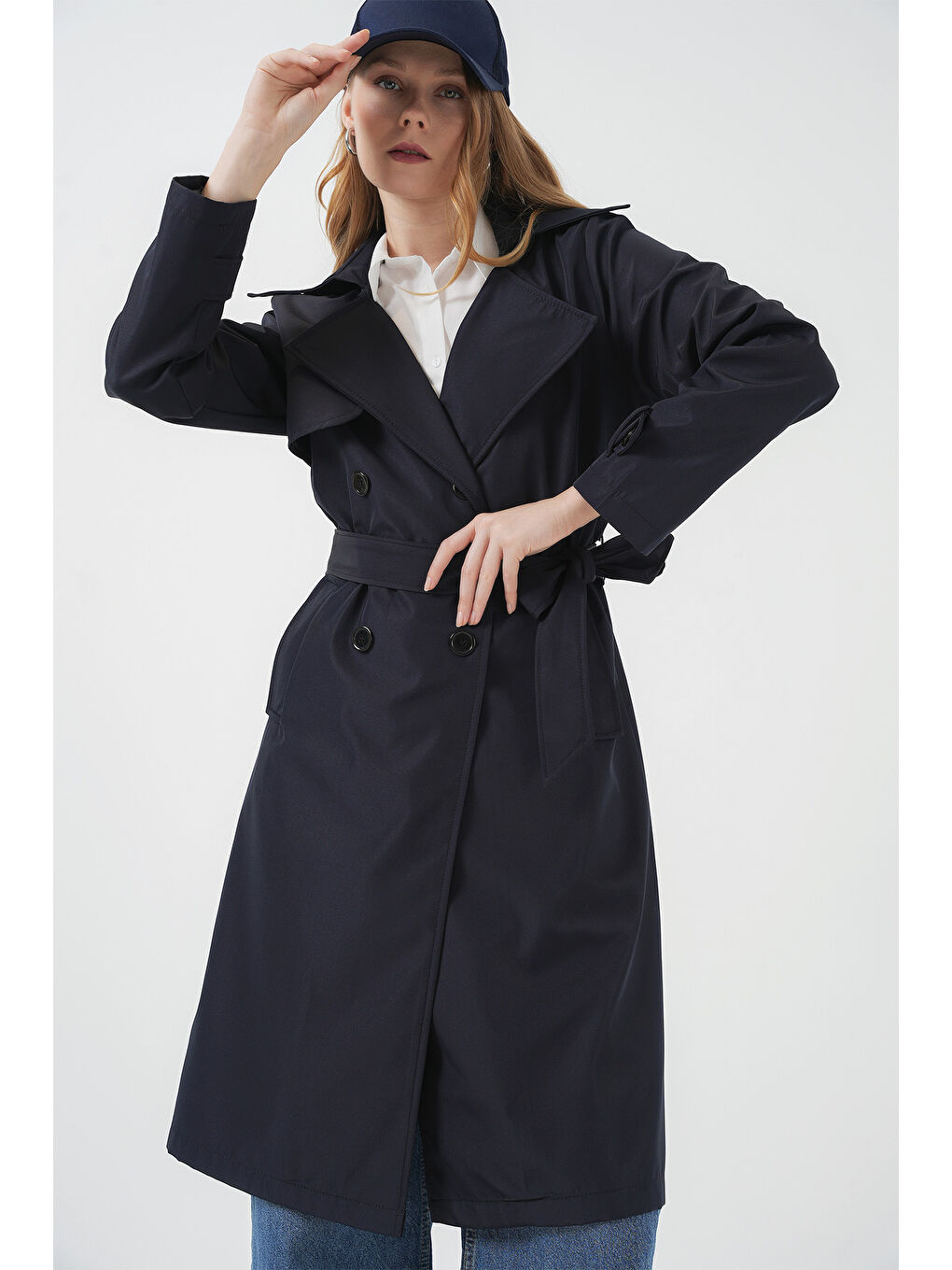 5918 Kruvaze Yaka Trençkot - Lacivert-3