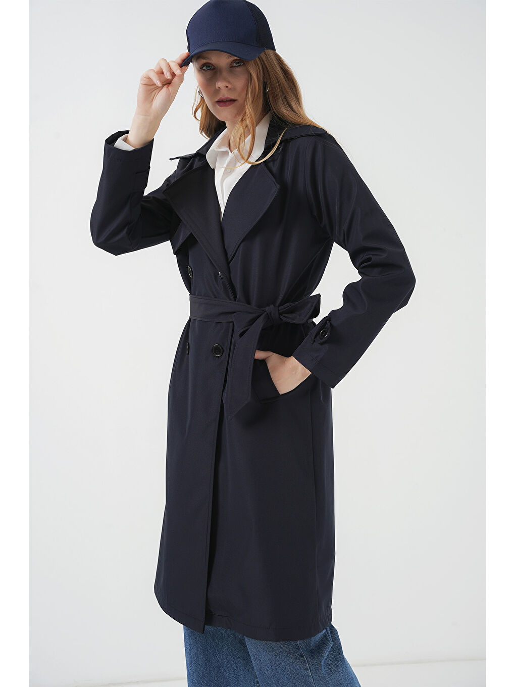 5918 Kruvaze Yaka Trençkot - Lacivert-4