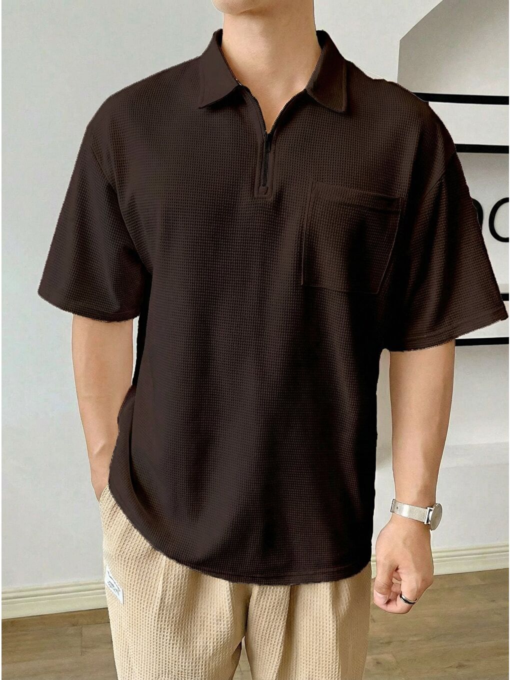Kahverengi Erkek Oversize Polo Yaka Waffle Tişört