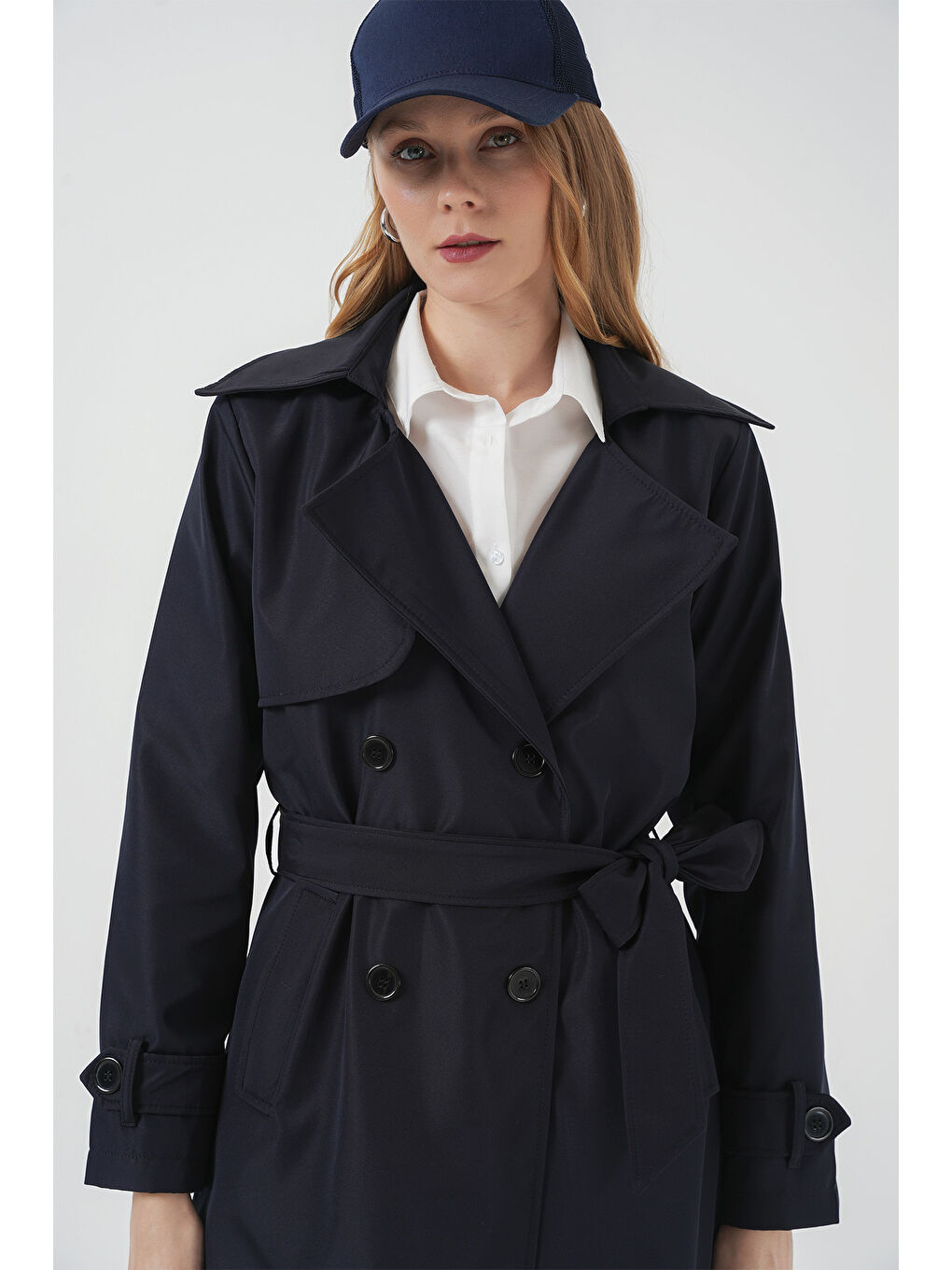 5918 Kruvaze Yaka Trençkot - Lacivert-5