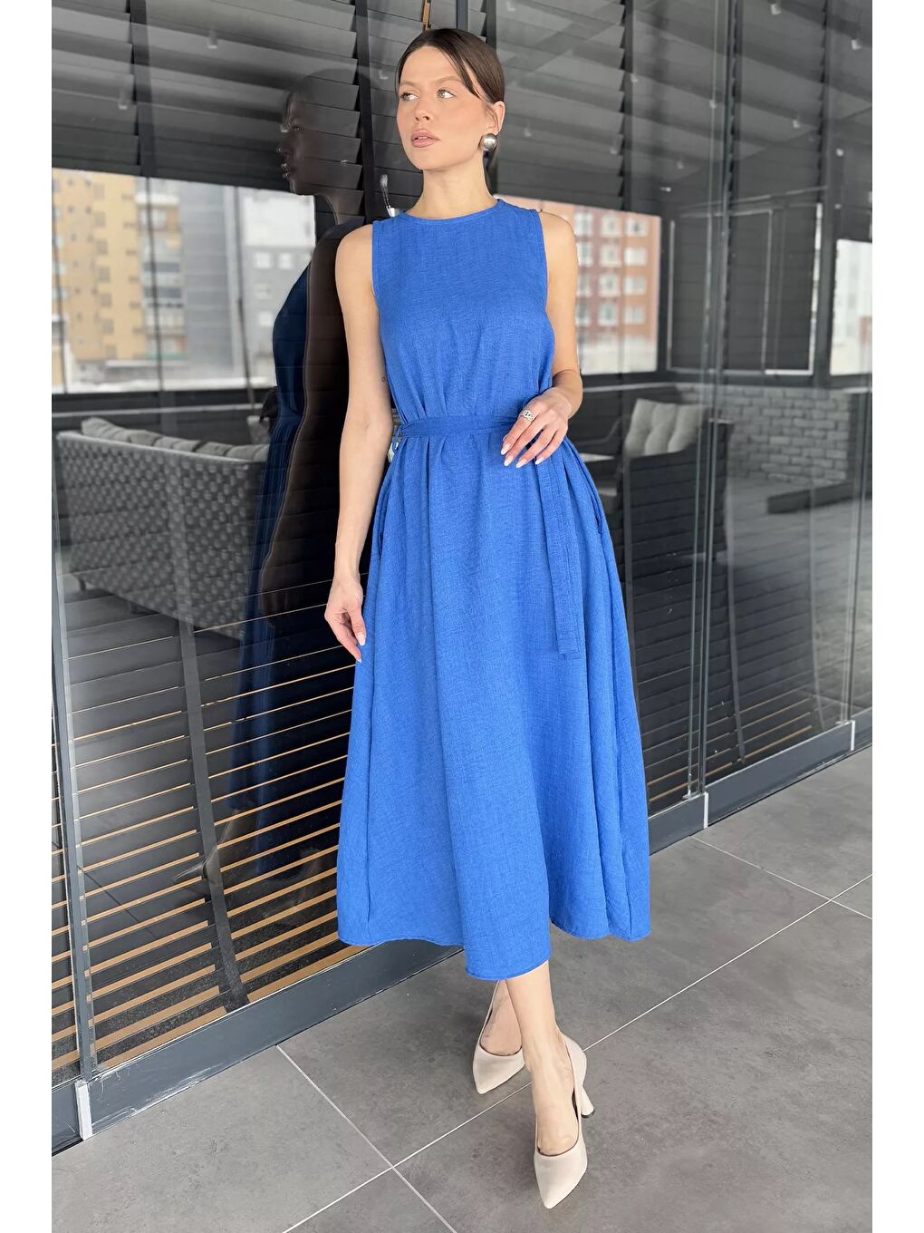 Mavi Kadın Bisiklet Yaka Cep Detaylı Bel Kuşaklı Uzun Elbise-8