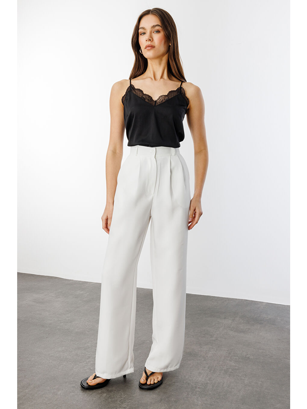 Beyaz Kadın Pileli Kumaş yüksek bel Palazzo Pantolon PANTOLON-002