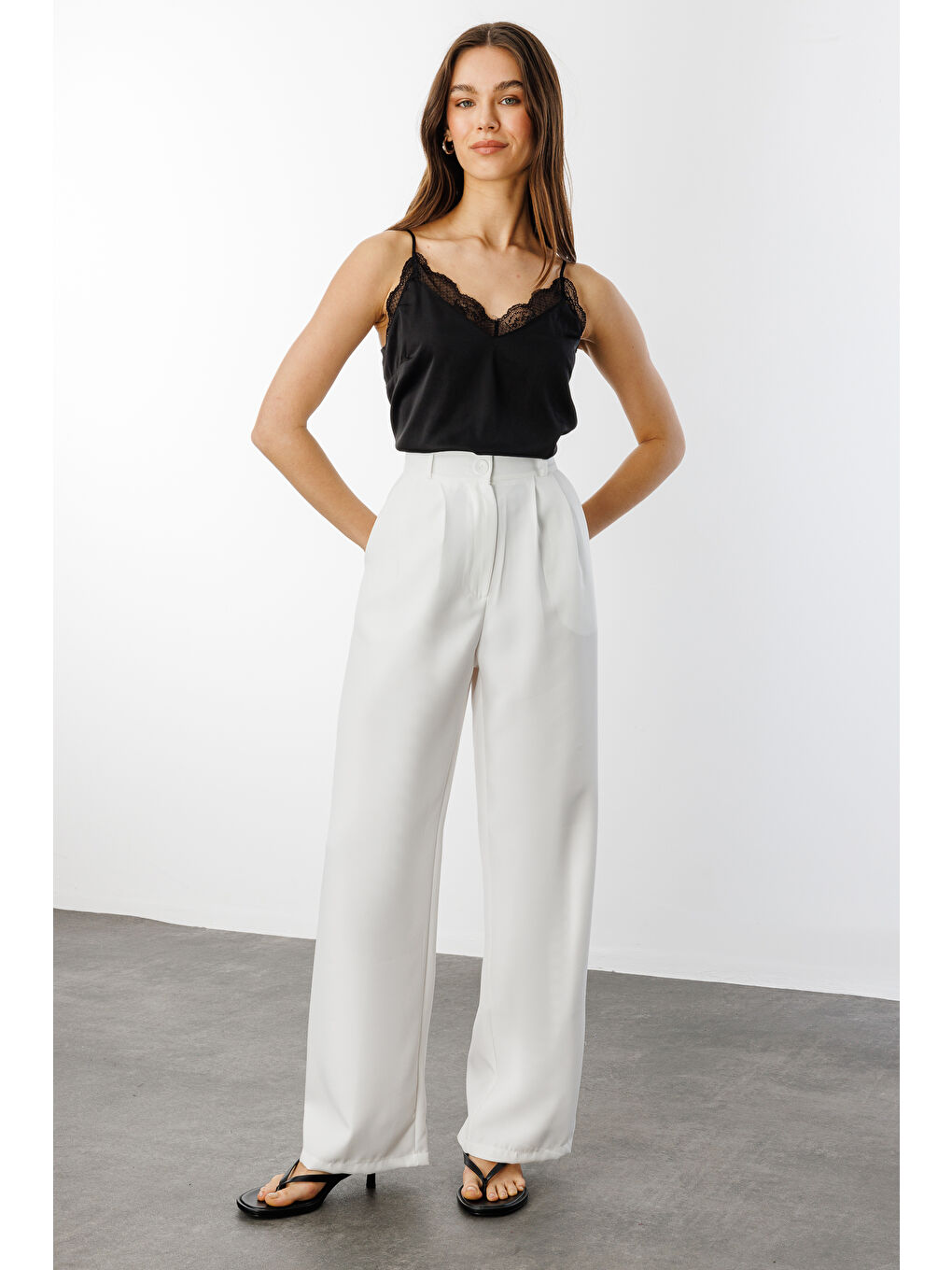 Beyaz Kadın Pileli Kumaş yüksek bel Palazzo Pantolon PANTOLON-002-1