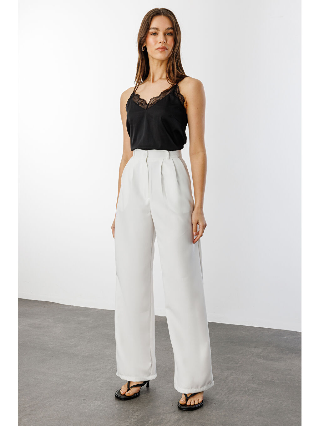 Beyaz Kadın Pileli Kumaş yüksek bel Palazzo Pantolon PANTOLON-002-2