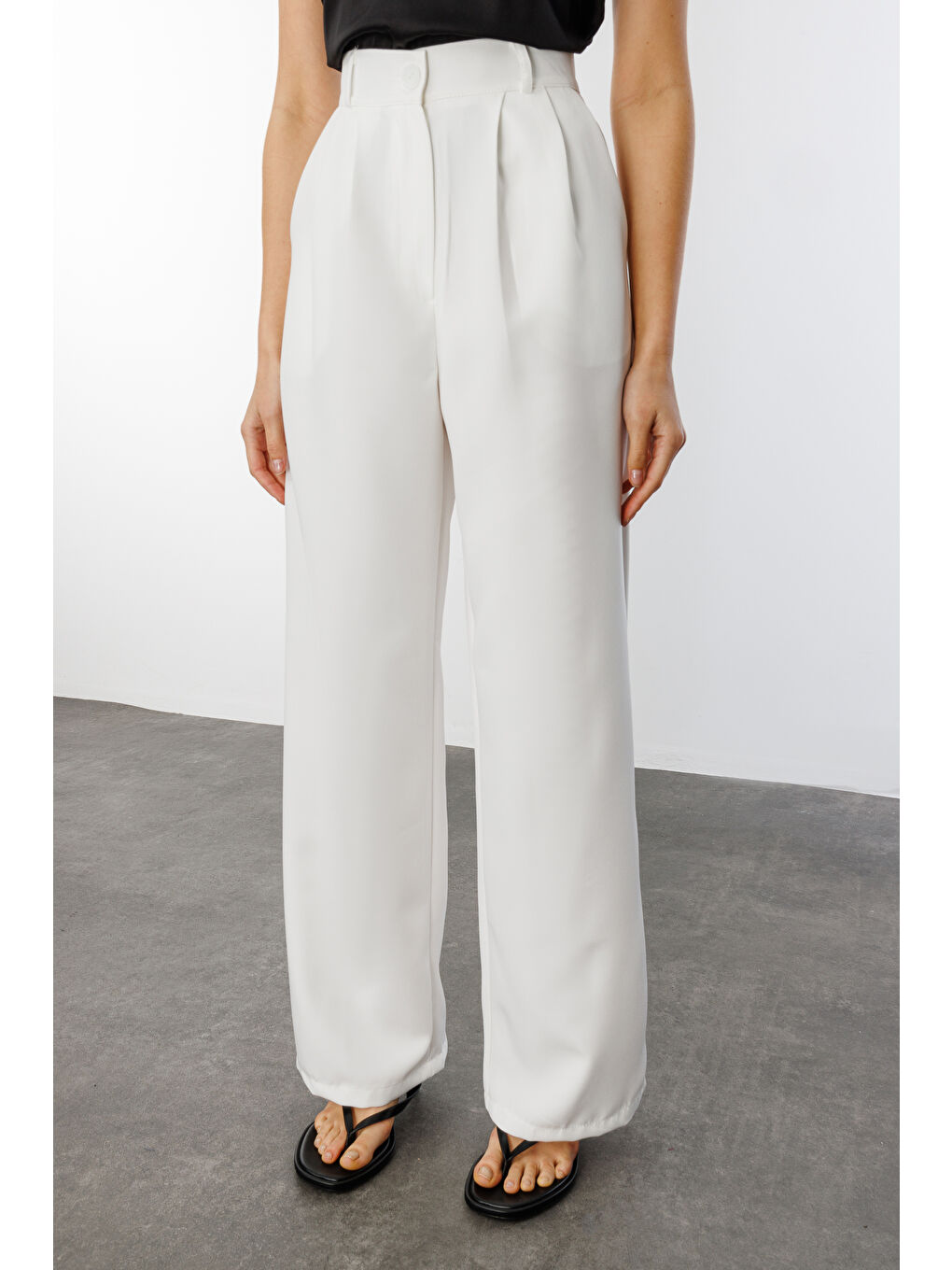 Beyaz Kadın Pileli Kumaş yüksek bel Palazzo Pantolon PANTOLON-002-3