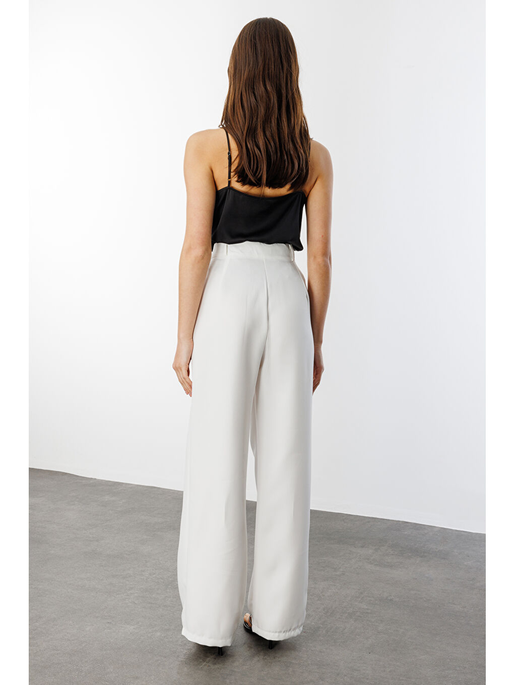 Beyaz Kadın Pileli Kumaş yüksek bel Palazzo Pantolon PANTOLON-002-4