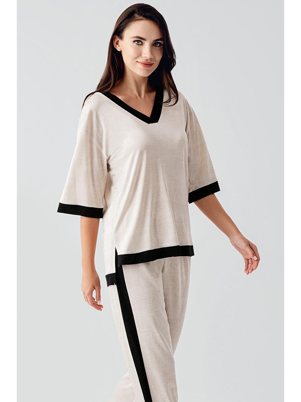 Bej Kısa Kollu Esnek Viskoz Pijama Takım 17213-1