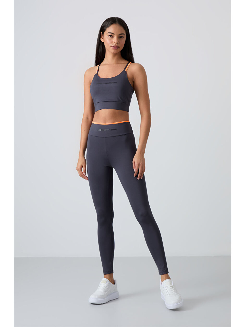 Antrasit Polyester Esnek Standart Fit Performans Kadın Tayt Takım - 95333