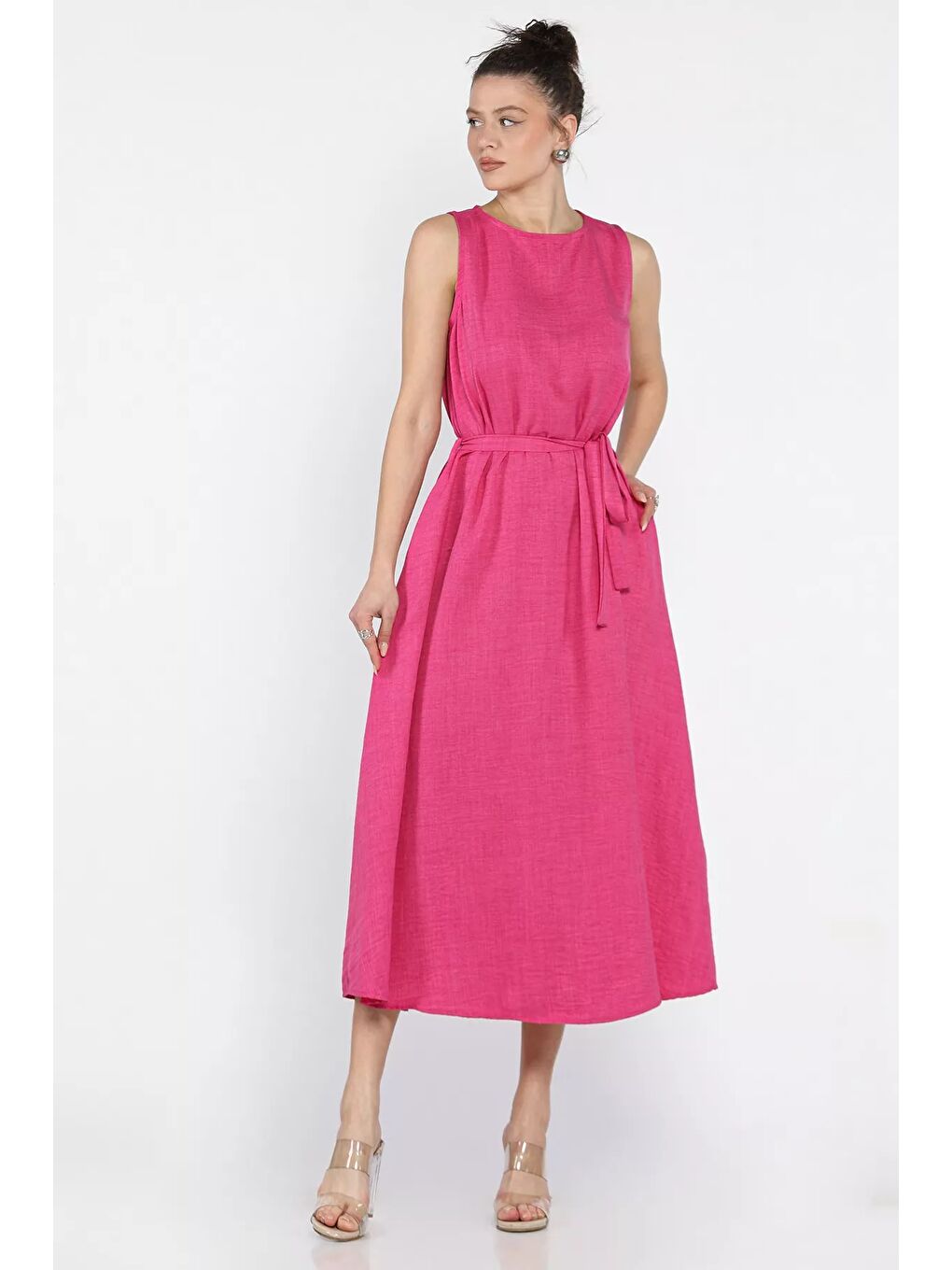 Fuşya Kadın Bisiklet Yaka Cep Detaylı Bel Kuşaklı Uzun Elbise-7