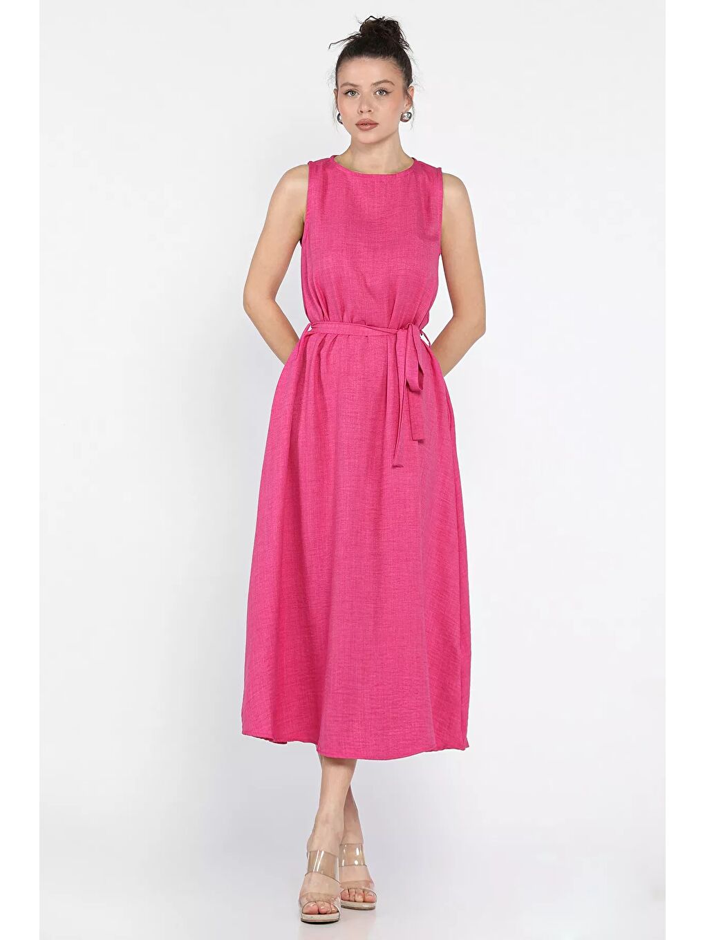 Fuşya Kadın Bisiklet Yaka Cep Detaylı Bel Kuşaklı Uzun Elbise-8