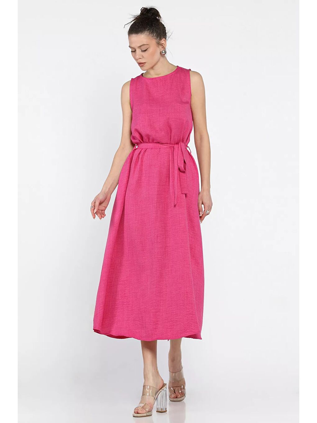 Fuşya Kadın Bisiklet Yaka Cep Detaylı Bel Kuşaklı Uzun Elbise-9