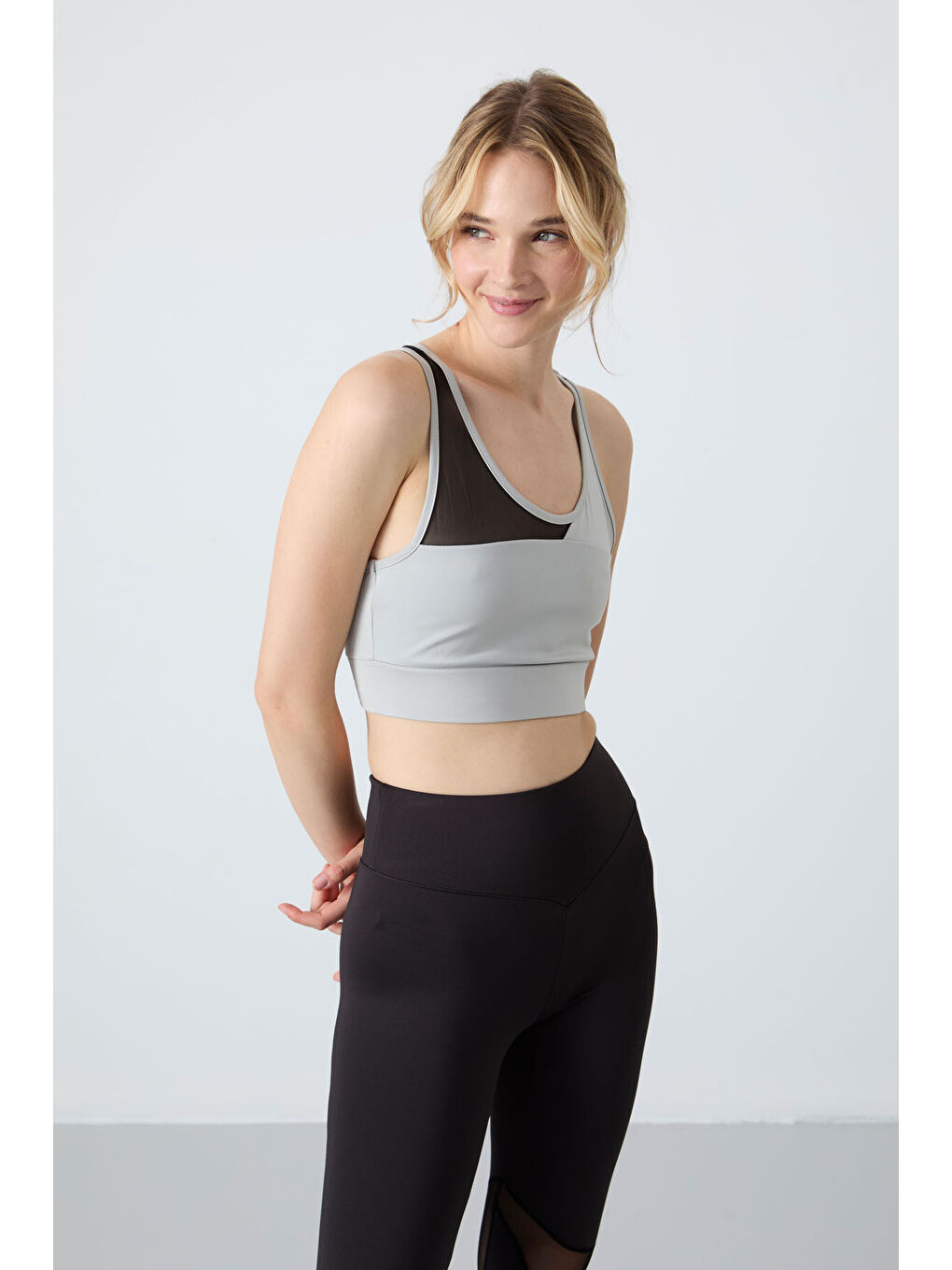 Bej Taş - Siyah Polyester Esnek Standart Fit Performans Kadın Tayt Takım - 95331-2