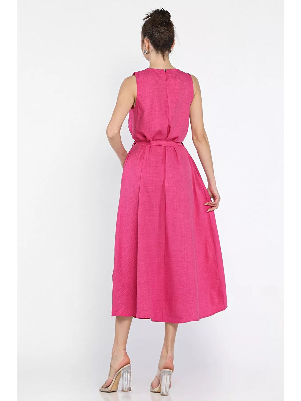 Fuşya Kadın Bisiklet Yaka Cep Detaylı Bel Kuşaklı Uzun Elbise-10