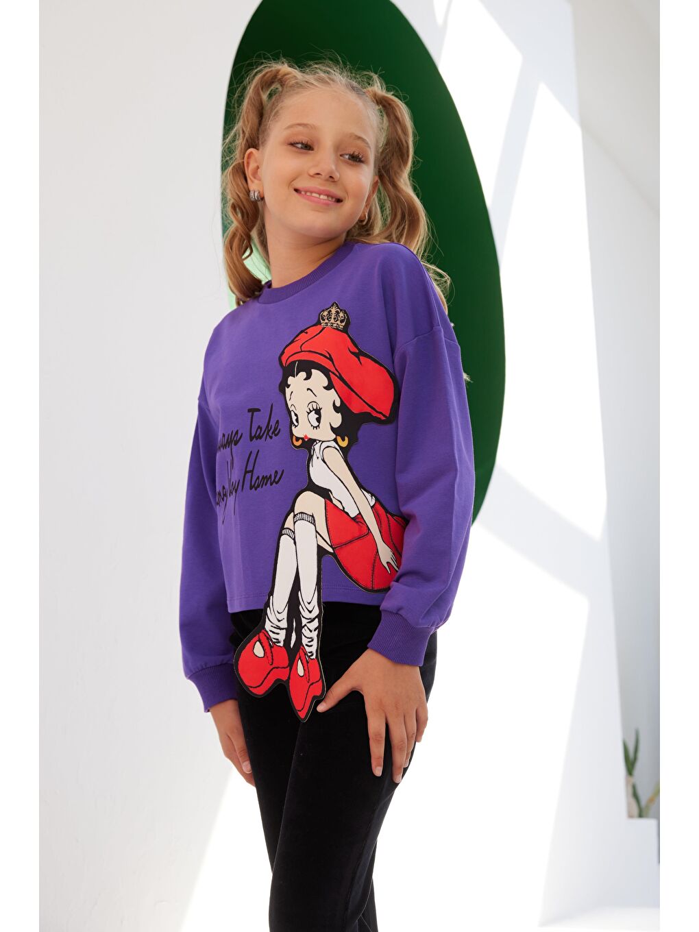 Mor Kız Çocuk Şapkalı Kız Detaylı SweatShirt-1
