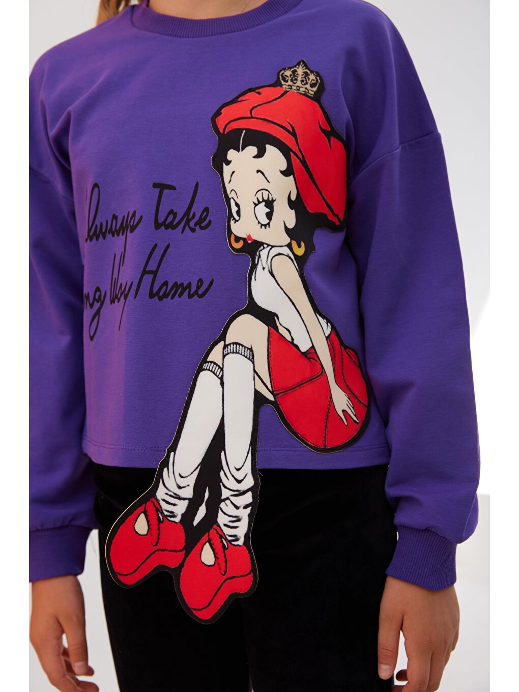 Mor Kız Çocuk Şapkalı Kız Detaylı SweatShirt-2