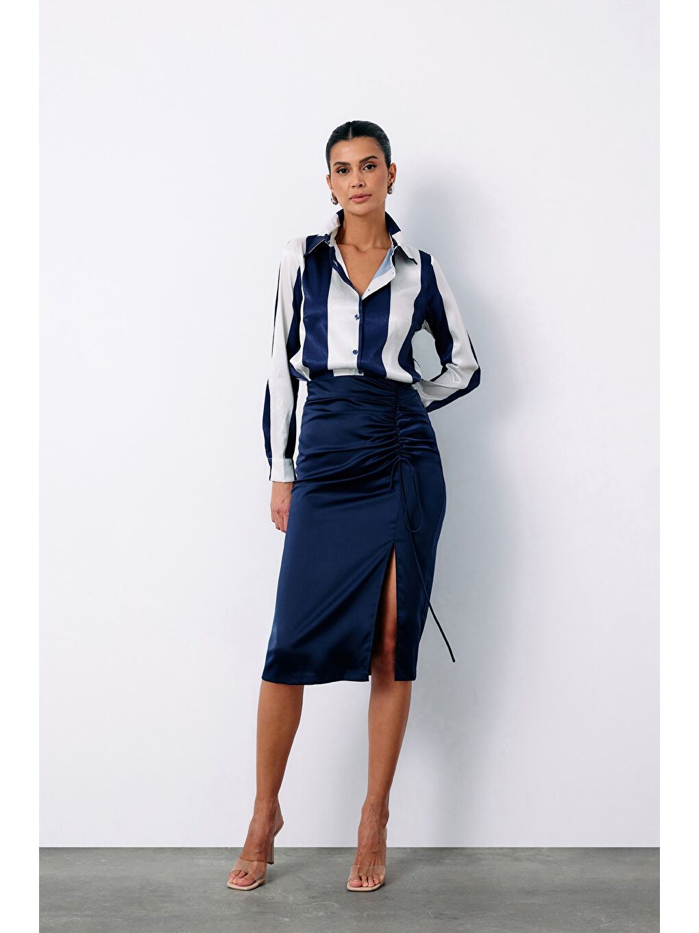 Çizgili Düz Gömlek - Lacivert-2