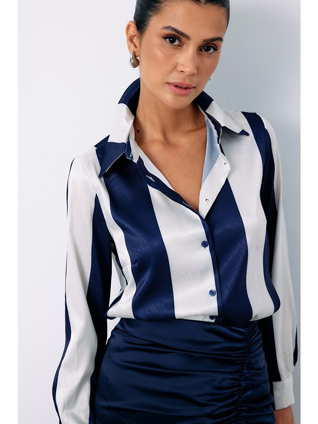 Çizgili Düz Gömlek - Lacivert-3