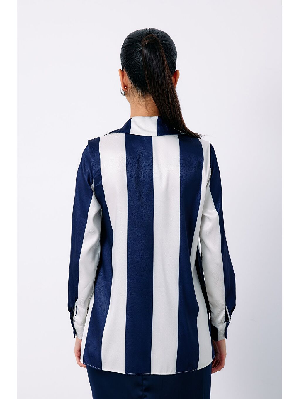 Çizgili Düz Gömlek - Lacivert-5