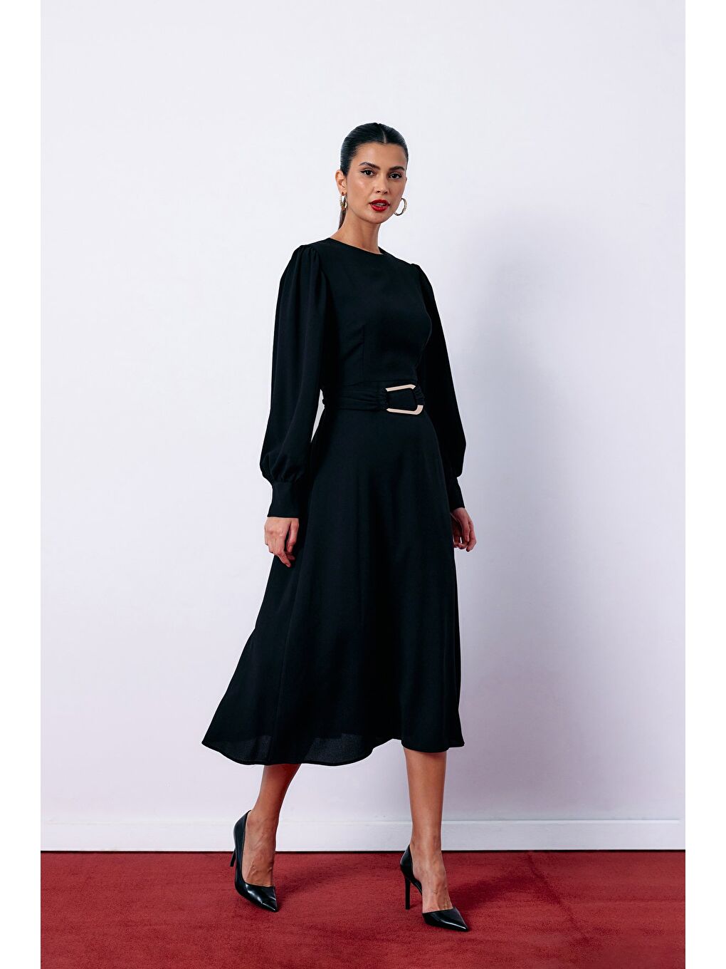 Kemerli Midi Elbise - Siyah-1