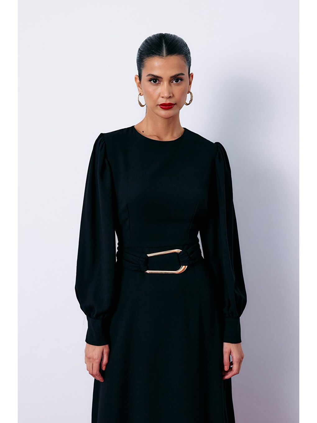 Kemerli Midi Elbise - Siyah-2