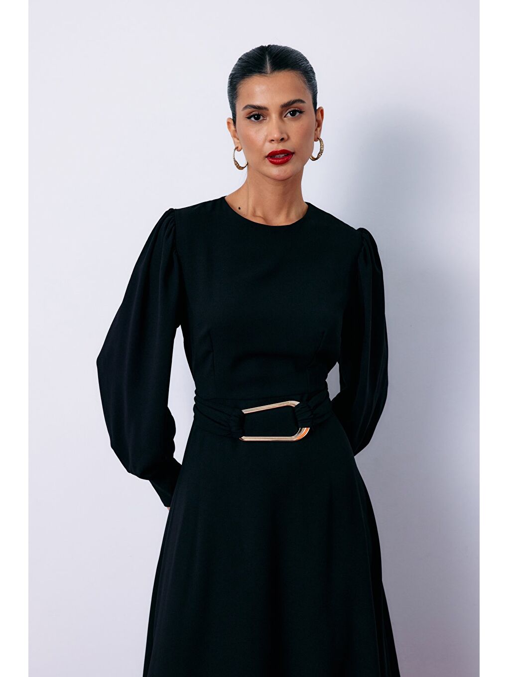 Kemerli Midi Elbise - Siyah-3