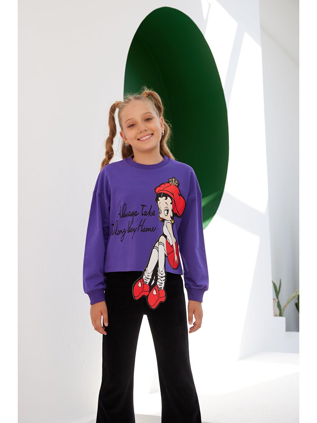 Mor Kız Çocuk Şapkalı Kız Detaylı SweatShirt-3