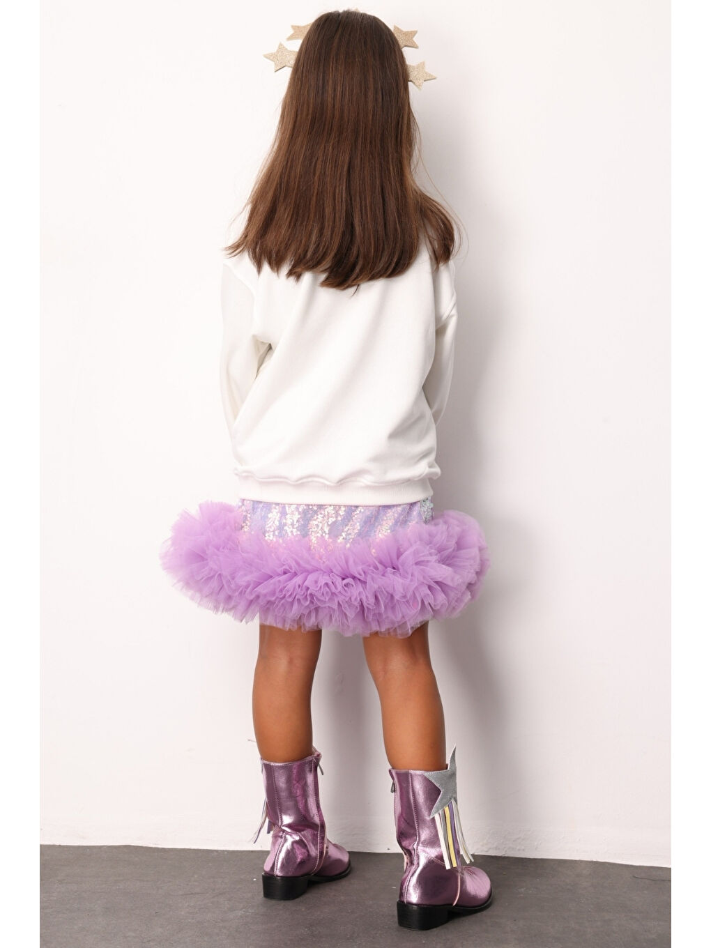 Gri Gümüş Pullu Ucu Tül Detaylı Kız Çocuk Etek - Sheron-2