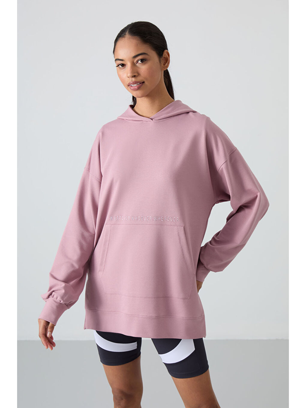 Pembe Gül Kurusu Balon Kol Yazı Nakışlı Kadın Oversize Tunik Sweatshirt - 97163