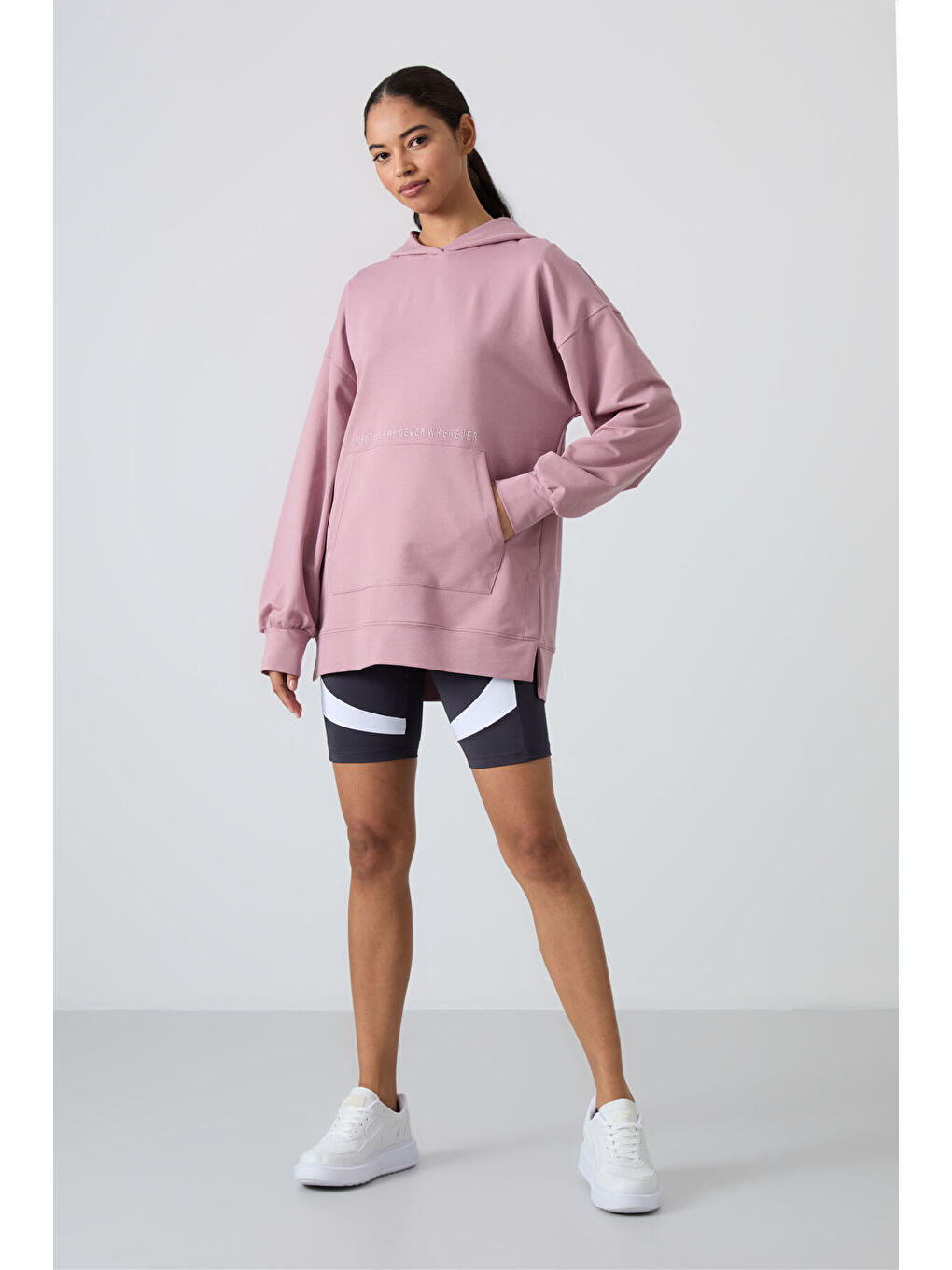 Pembe Gül Kurusu Balon Kol Yazı Nakışlı Kadın Oversize Tunik Sweatshirt - 97163-1