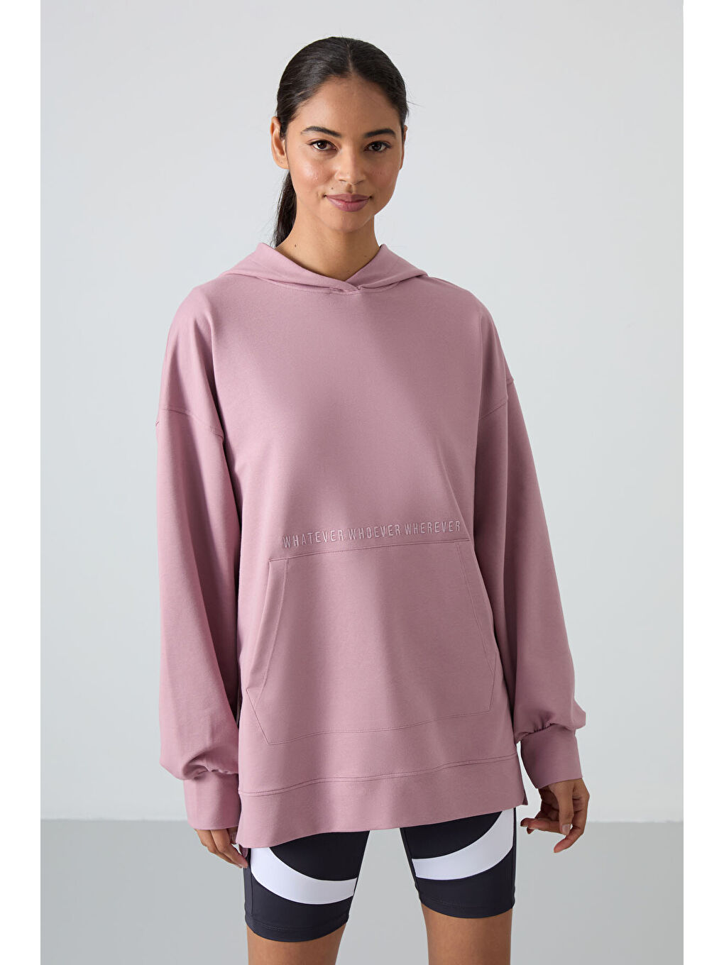 Pembe Gül Kurusu Balon Kol Yazı Nakışlı Kadın Oversize Tunik Sweatshirt - 97163-4