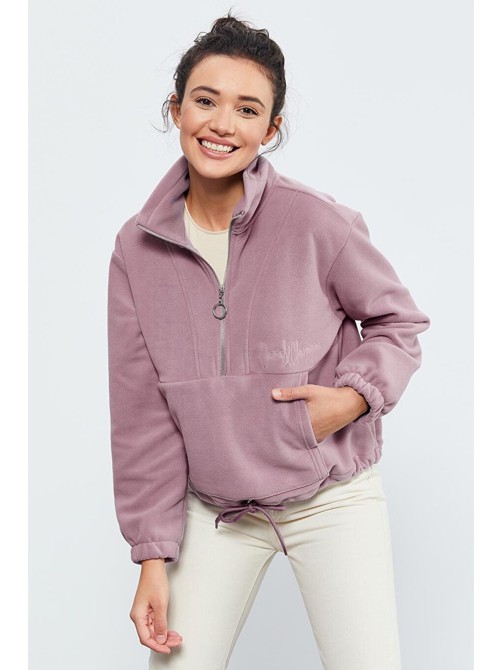 Pembe Gül Kurusu Yarım Fermuar Etek Ucu Büzgülü Kadın Polar Oversize Sweatshirt - 97171