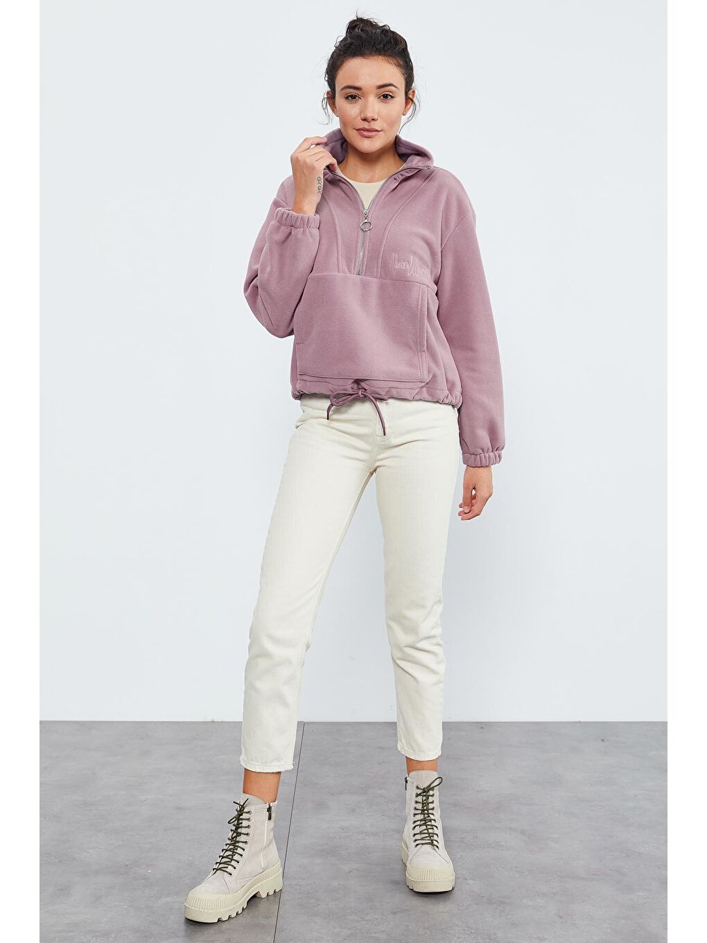 Pembe Gül Kurusu Yarım Fermuar Etek Ucu Büzgülü Kadın Polar Oversize Sweatshirt - 97171-1