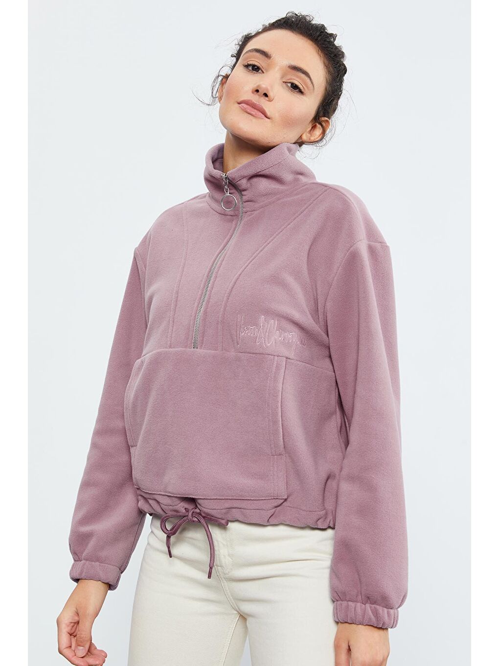 Pembe Gül Kurusu Yarım Fermuar Etek Ucu Büzgülü Kadın Polar Oversize Sweatshirt - 97171-2