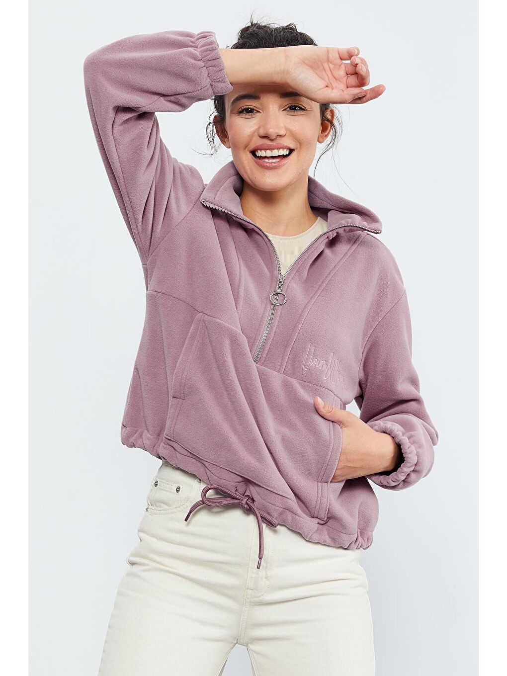 Pembe Gül Kurusu Yarım Fermuar Etek Ucu Büzgülü Kadın Polar Oversize Sweatshirt - 97171-3