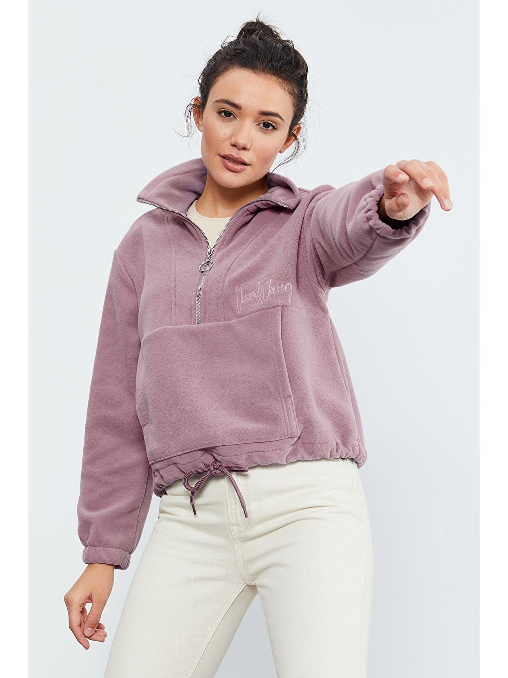 Pembe Gül Kurusu Yarım Fermuar Etek Ucu Büzgülü Kadın Polar Oversize Sweatshirt - 97171-4