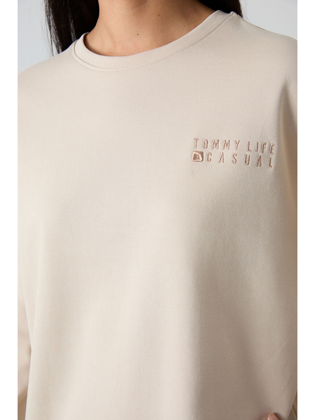 Bej Bisiklet Yaka Oversize Lastik Paça Kadın Eşofman Takımı - 95287-3