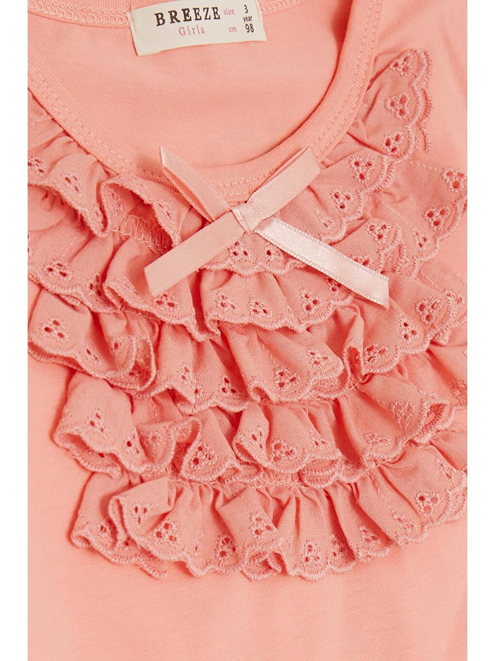 Pembe Kız Çocuk Uzun Kollu Tişört Güpürlü Fiyonklu Somon (3-6 Yaş)-2