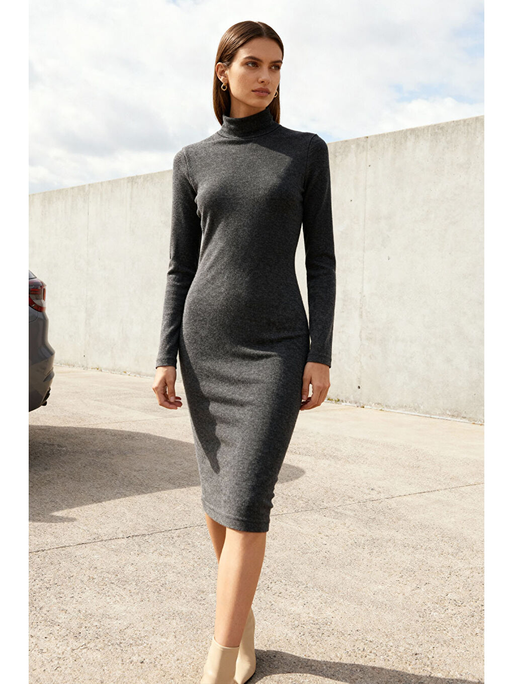 Antrasit Melanj Kaşkorse Triko Dar Kalıp Balıkçı Yaka Kadın Elbise - 97117