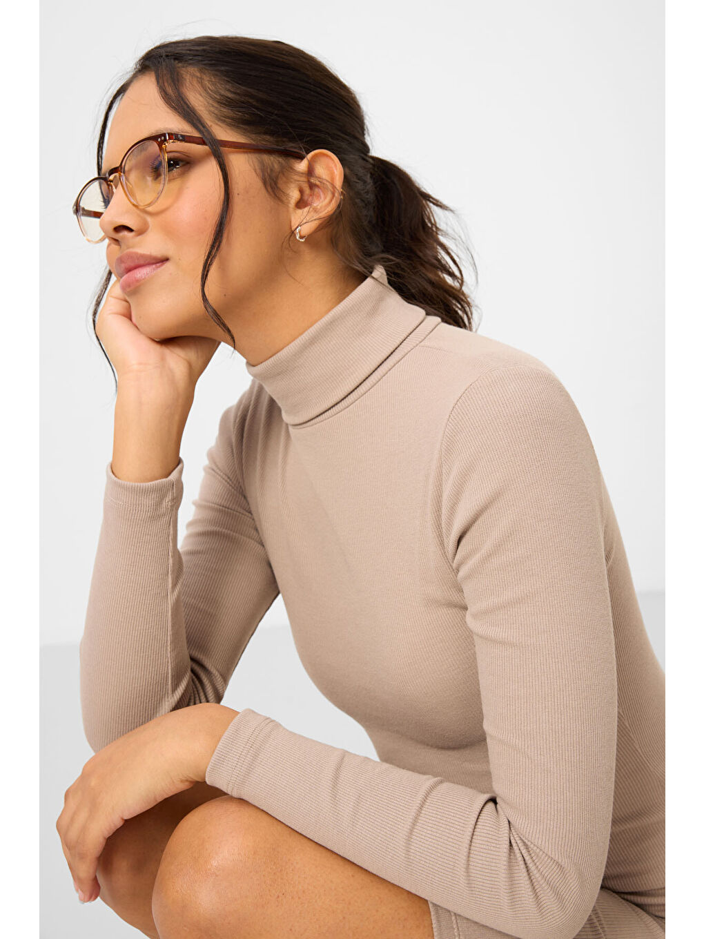 Bej Kaşkorse Triko Dar Kalıp Balıkçı Yaka Kadın Elbise - 97117-2