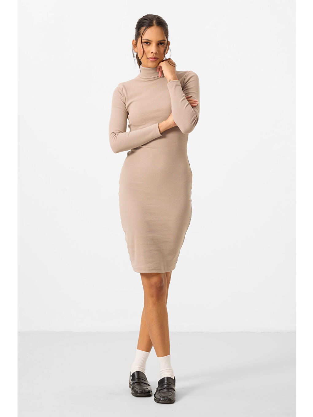 Bej Kaşkorse Triko Dar Kalıp Balıkçı Yaka Kadın Elbise - 97117-4