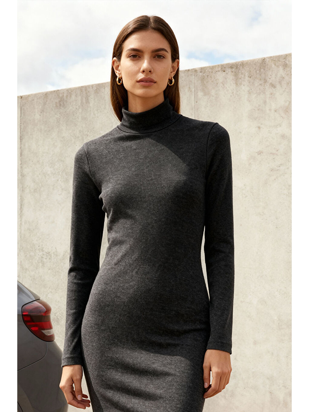 Antrasit Melanj Kaşkorse Triko Dar Kalıp Balıkçı Yaka Kadın Elbise - 97117-3