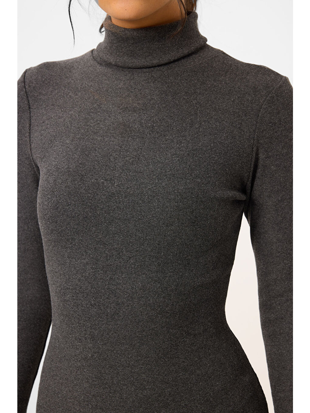 Antrasit Melanj Kaşkorse Triko Dar Kalıp Balıkçı Yaka Kadın Elbise - 97117-4