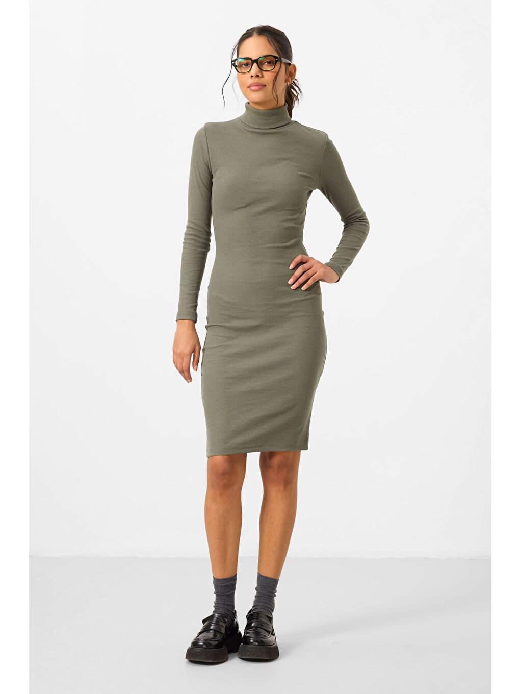 Yeşil Kaşkorse Triko Dar Kalıp Balıkçı Yaka Kadın Elbise - 97117-2