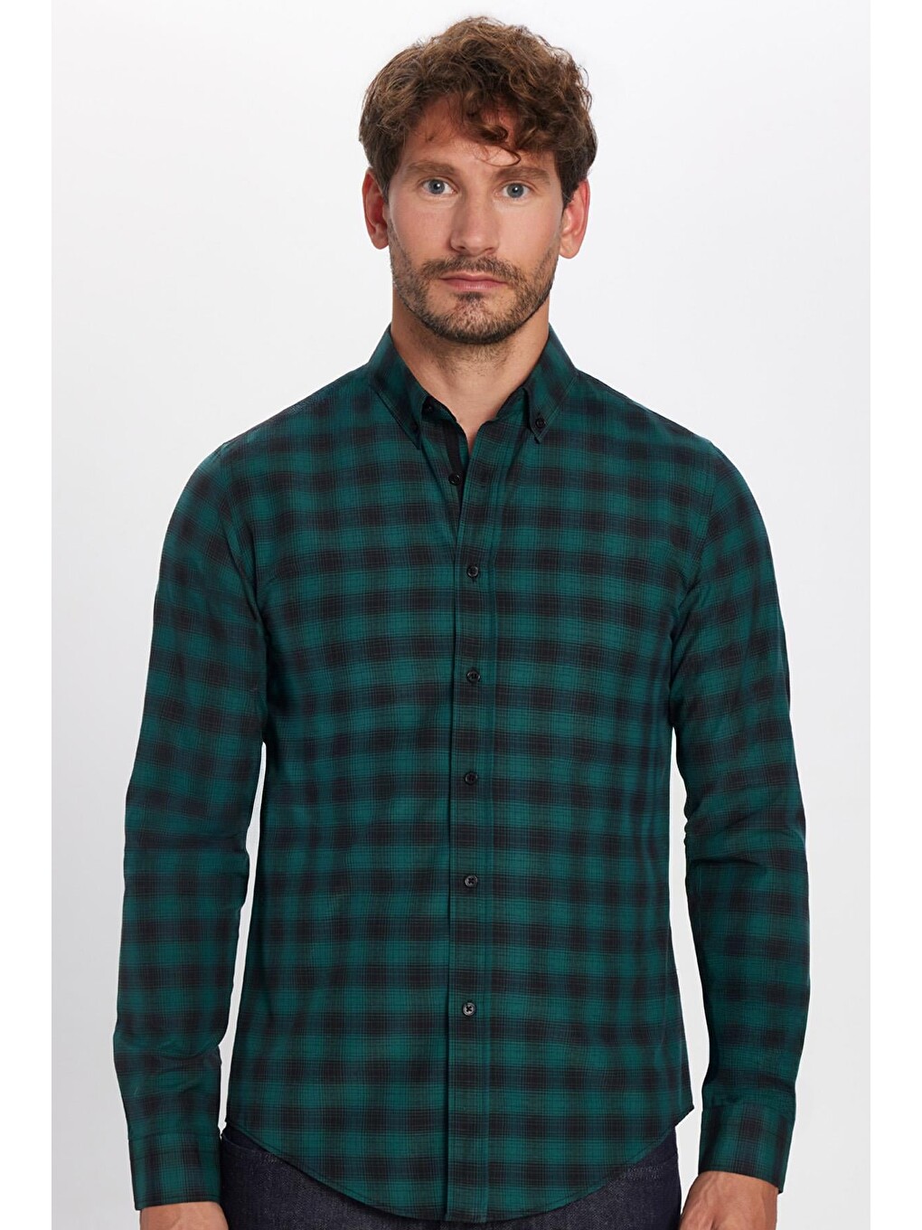 Yeşil Erkek Slim Fit Dar Kesim Uzun Kollu Pamuklu Kolay Ütü Kareli Düğmeli Yaka Gömlek-2