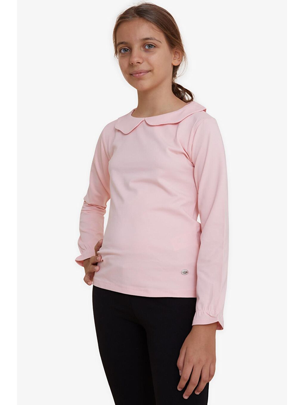 Kız Çocuk Uzun Kollu Tişört Armalı Kolları Lastikli Pembe (6-12 Yaş)-1