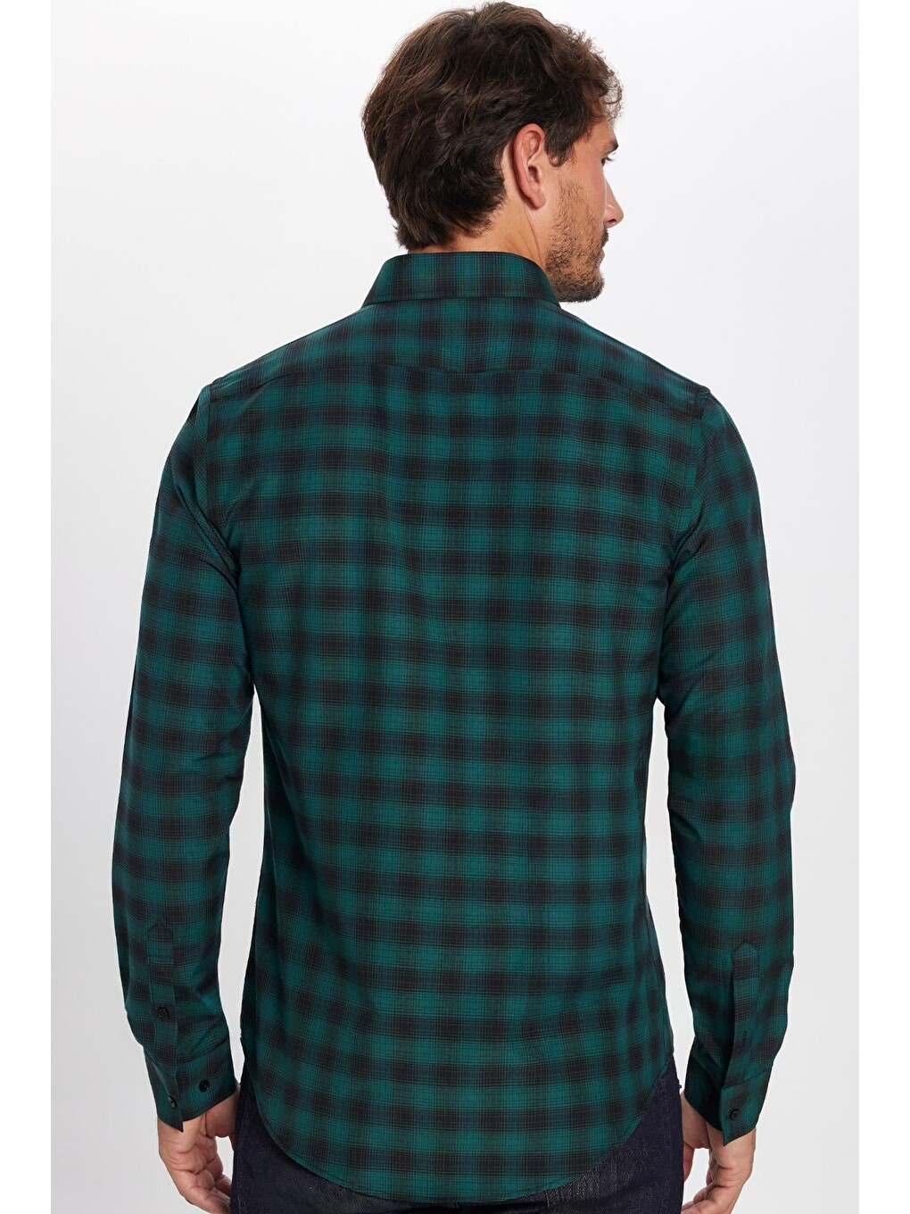 Yeşil Erkek Slim Fit Dar Kesim Uzun Kollu Pamuklu Kolay Ütü Kareli Düğmeli Yaka Gömlek-4